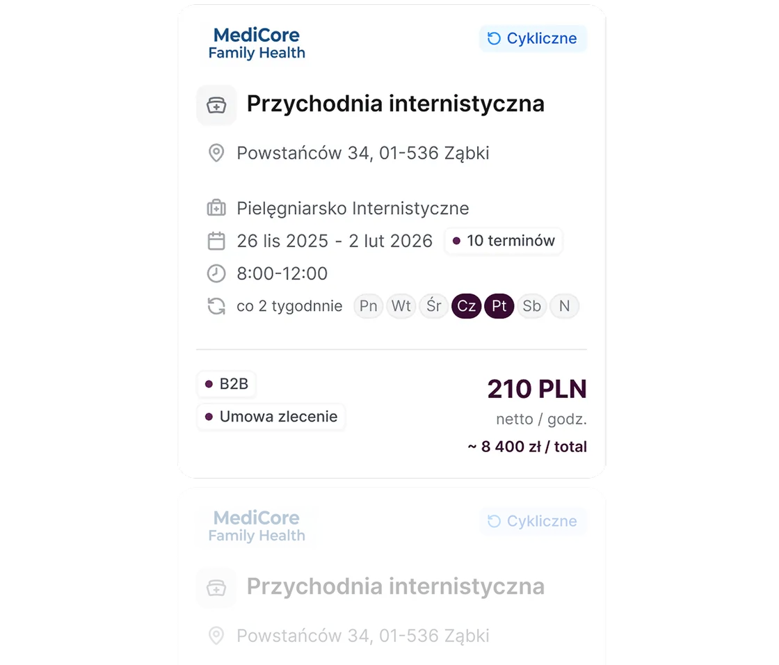 Karta oferty dyżuru z formą zatrudnienia i stawką