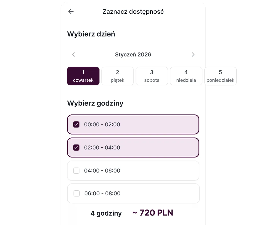 Ekran wyboru dostępności i godzin