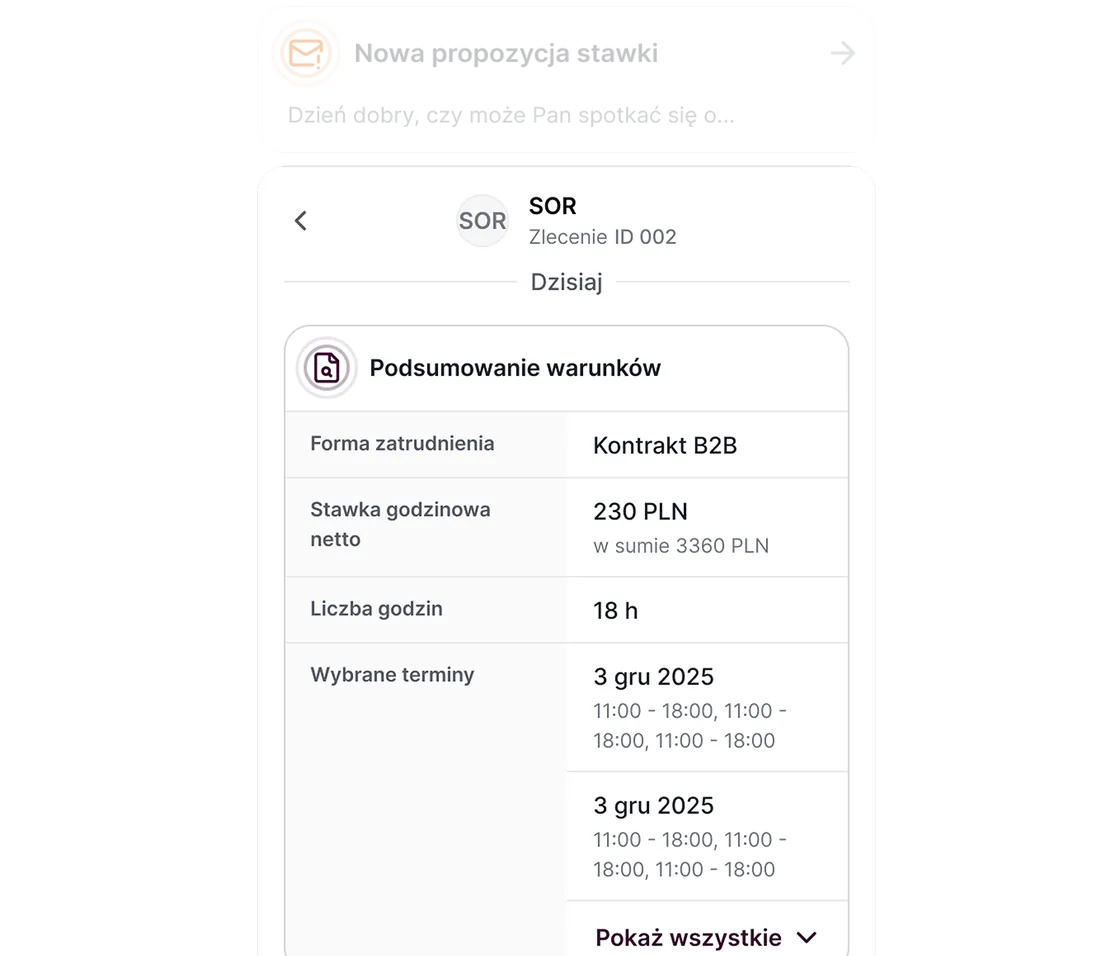 Propozycja stawki i podsumowanie warunków w czacie