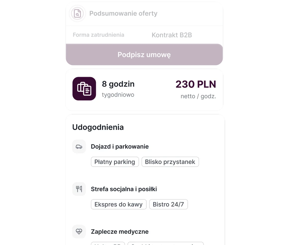 Podsumowanie oferty z udogodnieniami i podpisem umowy