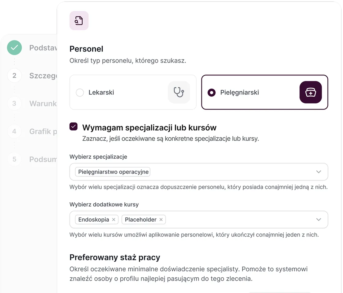 Ekran doboru typu personelu, specjalizacji i kursów